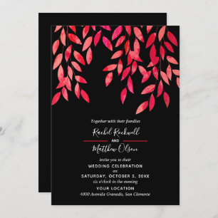 Hot Pink Leaves on Black Wedding Invitations