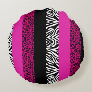 Hot Pink Leopard and Zebra Animal Print Round Cushion