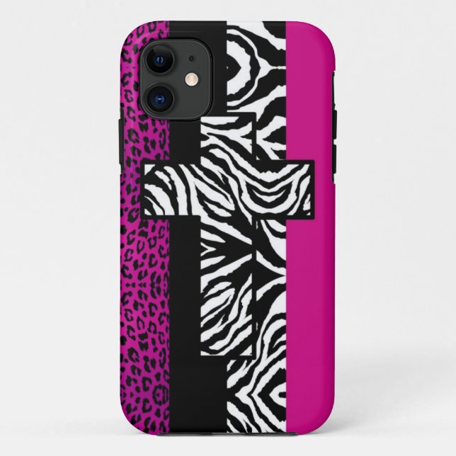 Hot Pink Leopard and Zebra Animal Print with Cross Case-Mate iPhone Case (Back)