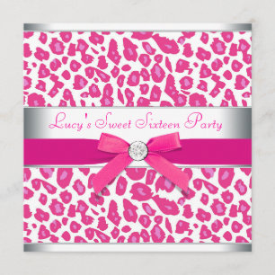 Hot Pink Leopard Bow Pink Leopard Sweet 16 Party Invitation