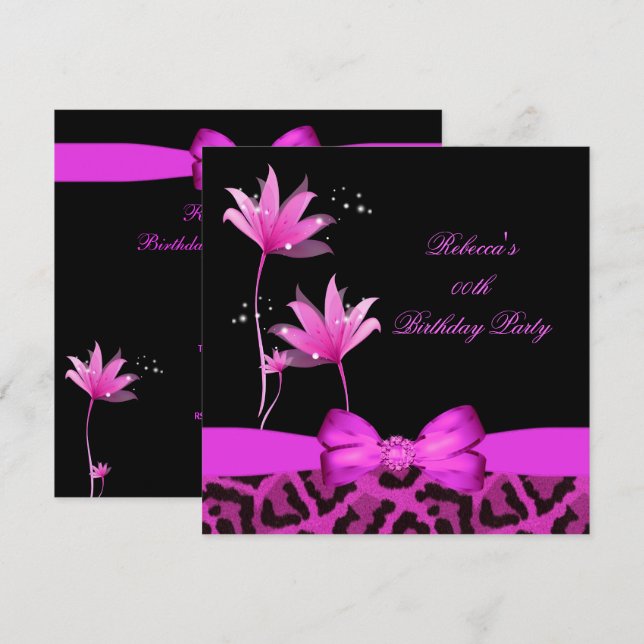 Hot Pink Leopard Flower Birthday Party Invitation (Front/Back)