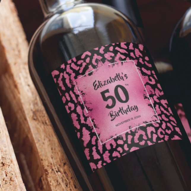 Hot Pink Leopard Pattern 50th Birthday Custom Wine Label (Creator Uploaded)