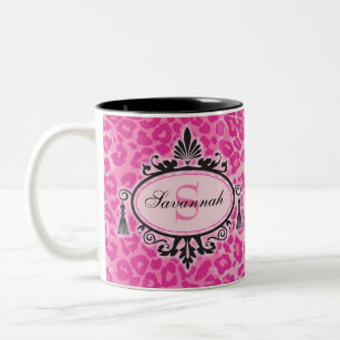 Hot Pink Leopard Pattern Custom Name & Monogram Two-Tone Coffee Mug