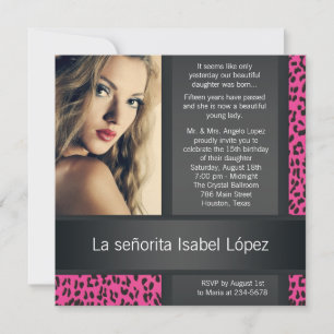 Hot Pink Leopard Personalised Photo Quinceanera Invitation