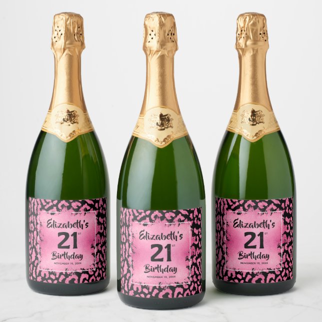 Hot Pink Leopard Print 21st Birthday Personalised Sparkling Wine Label (Bottles)