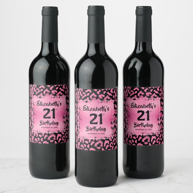 Hot Pink Leopard Print 21st Birthday Personalised Wine Label (Bottles)