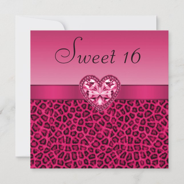 Hot Pink Leopard Print & Bling Heart Sweet 16 Invitation (Front)