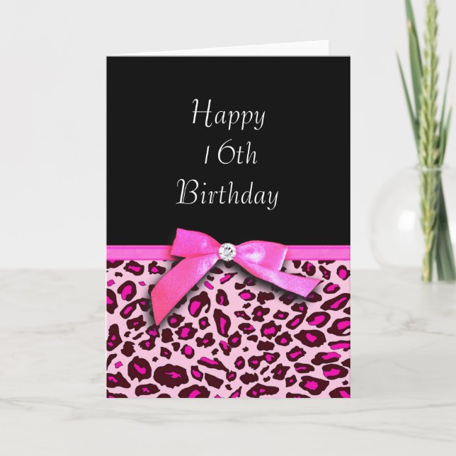 Hot pink leopard print Happy Sweet 16th Birthday Card (Front)