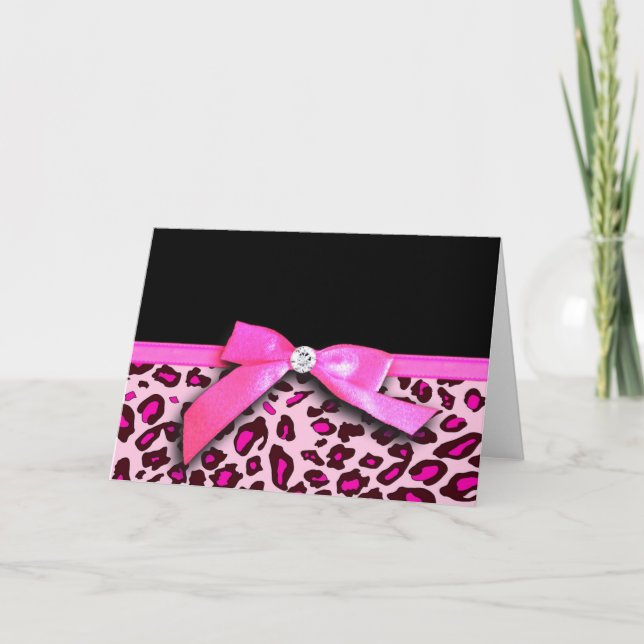 Hot pink leopard print ribbon bow graphic card (Front)