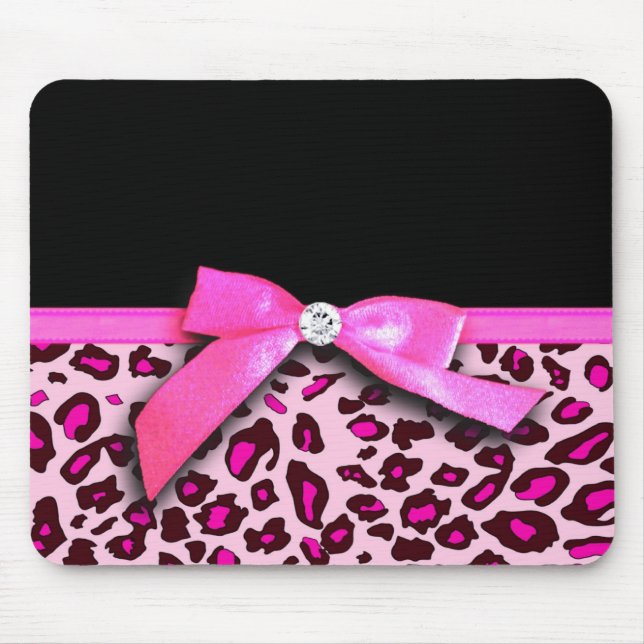 Hot pink leopard print ribbon bow graphic mouse mat (Front)