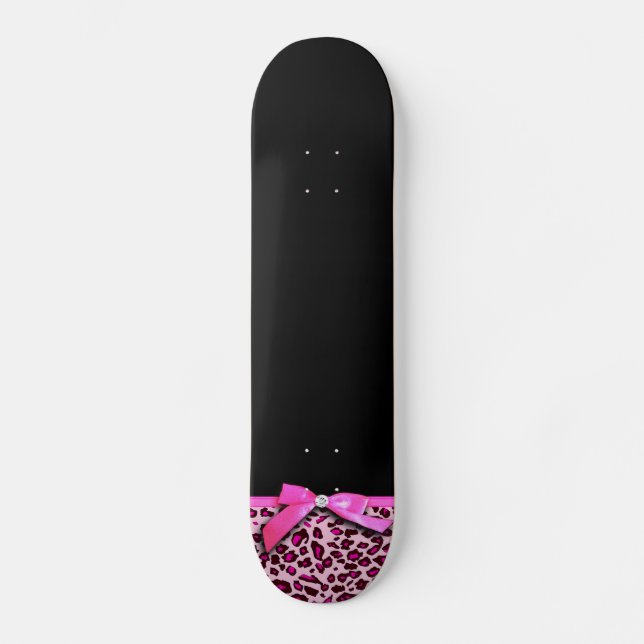 Hot pink leopard print ribbon bow graphic skateboard (Front)