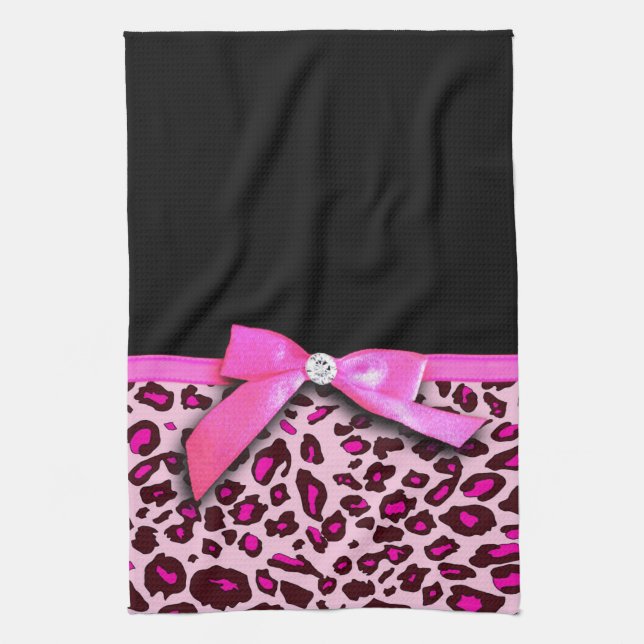 Hot pink leopard print ribbon bow graphic tea towel (Vertical)