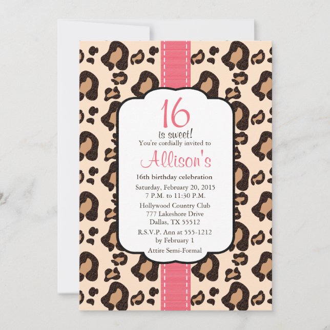 Hot Pink Leopard Print Sweet Sixteen Invitations (Front)