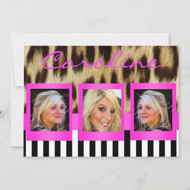 Hot Pink Leopard Stripes Grad Photos Invite (Front)