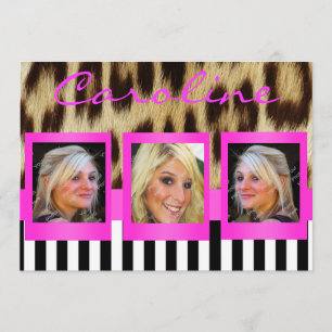 Hot Pink Leopard Stripes Grad Photos Invite