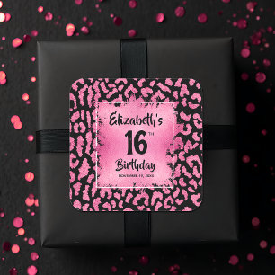 Hot Pink Leopard Sweet 16 Birthday Square Sticker