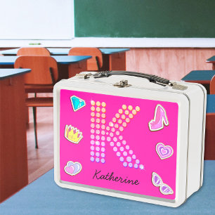 Hot Pink Letter K Monogram Girly Back To School Metal Lunch Box