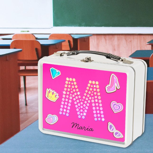 Hot Pink Letter M Monogram Girly Back To School Metal Lunch Box (Front)