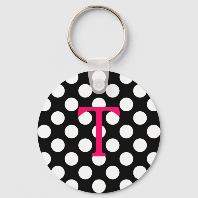 Hot Pink Letter T Monogram Black White Polka Dot Key Ring (Front)