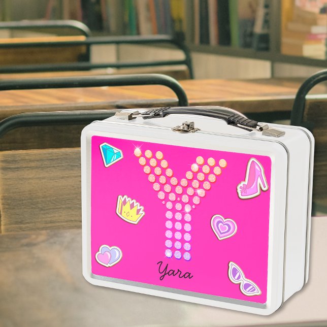 Hot Pink Letter Y Monogram Girly Back To School Metal Lunch Box (Front)