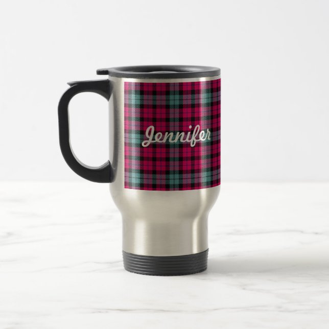 Hot Pink Light Blue Tartan Plaid Pattern Travel Mug (Left)