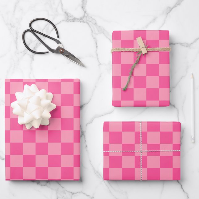 Hot Pink Light Pink Checked Wrapping Paper Sheets (Front)