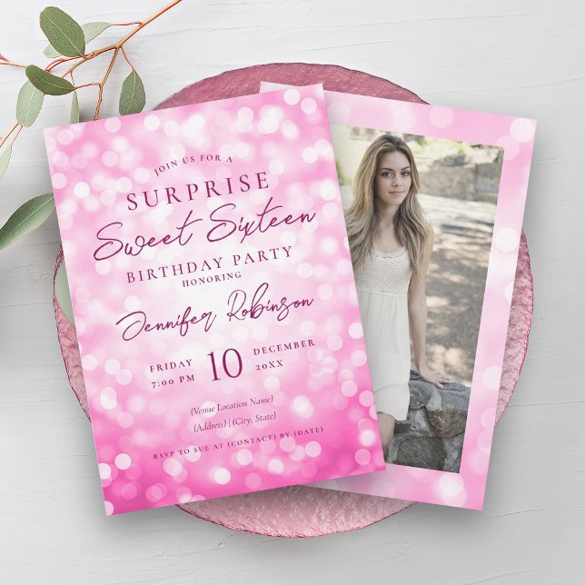 Hot Pink Lights Photo SURPRISE Sweet 16   Invitation (Hot Pink Lights Photo SURPRISE Sweet 16 Invitation)