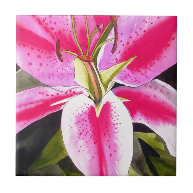 Hot pink lily Tenerife pop art watercolor flower Tile (Front)