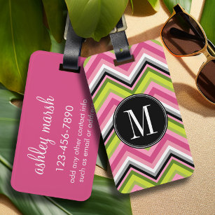Hot Pink, Lime and Black Chevron Pattern Monogram Luggage Tag