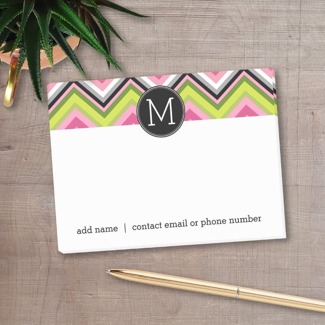 Hot Pink, Lime and Black Chevron Pattern Monogram Post-it Notes (Personalized post-it notes with a monogram and contact information - low quantity available)