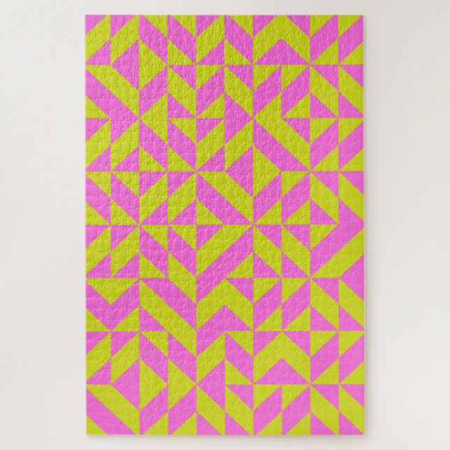 Hot Pink Lime Chartreuse Geometric Shape Pattern Jigsaw Puzzle (Vertical)