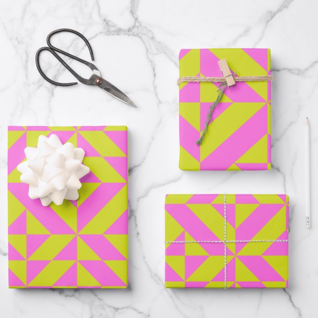 Hot Pink Lime Chartreuse Geometric Shape Pattern Wrapping Paper Sheet (Front)