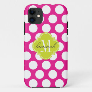 Hot Pink & Lime Green Big Polka Dots Monogrammed iPhone 11 Case