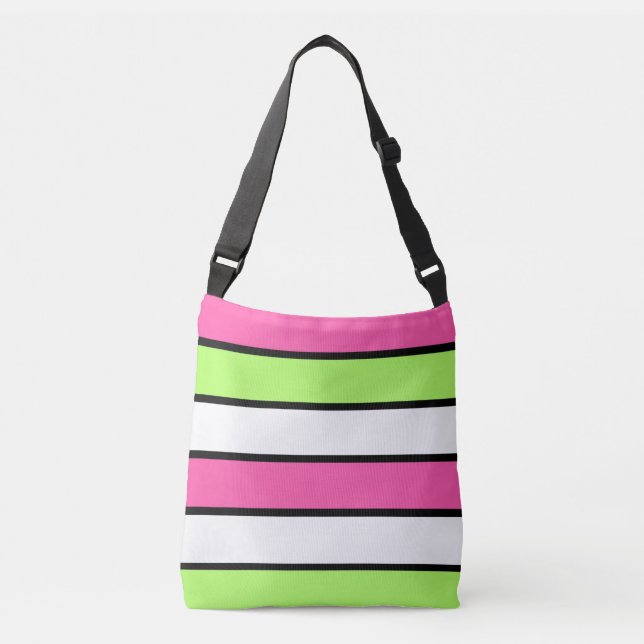 Hot Pink, Lime Green, Black and White Stripes Crossbody Bag (Front)