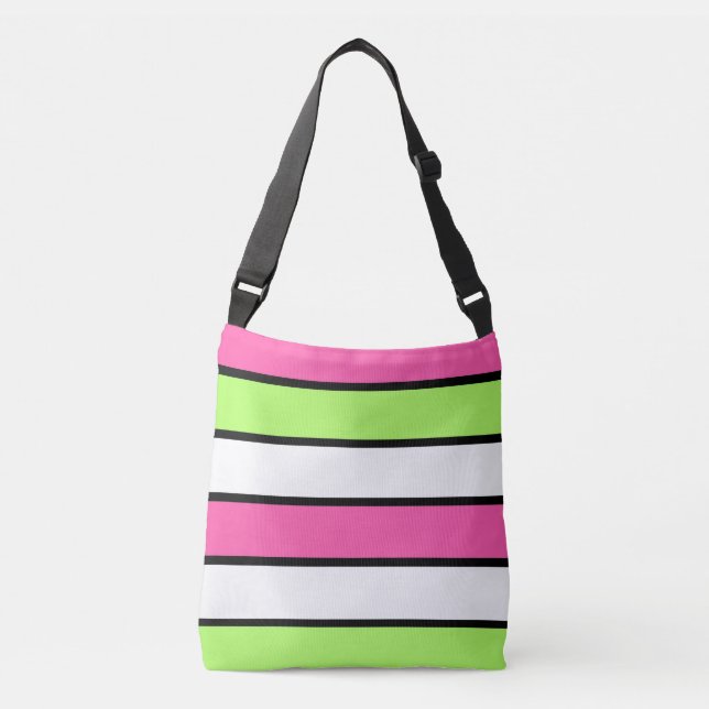 Hot Pink, Lime Green, Black and White Stripes Crossbody Bag (Front)