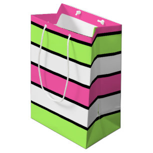 Hot Pink, Lime Green, Black and White Stripes Medium Gift Bag