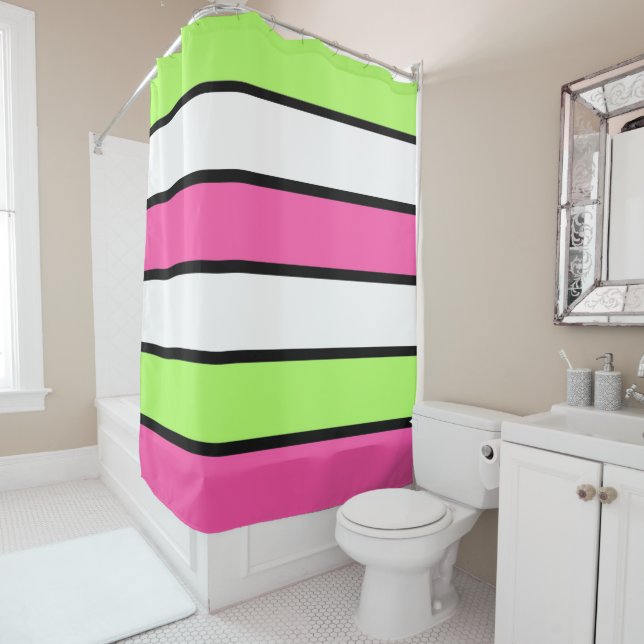 Hot Pink, Lime Green, Black and White Stripes Shower Curtain (In Situ)