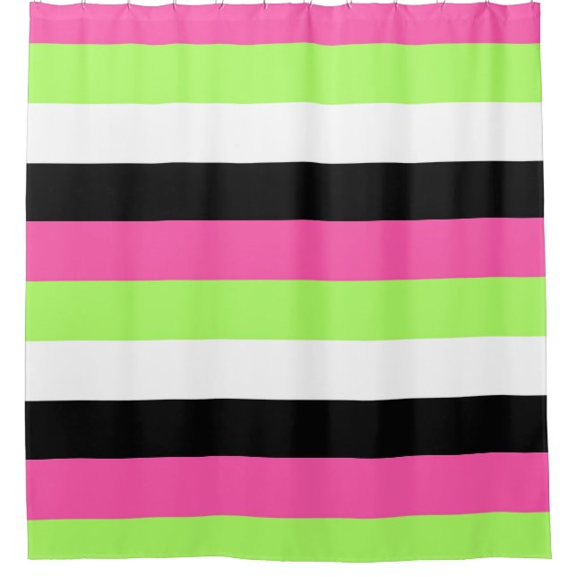 Hot Pink, Lime Green, Black and White Stripes Shower Curtain (Front)