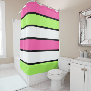 Hot Pink, Lime Green, Black and White Stripes Shower Curtain