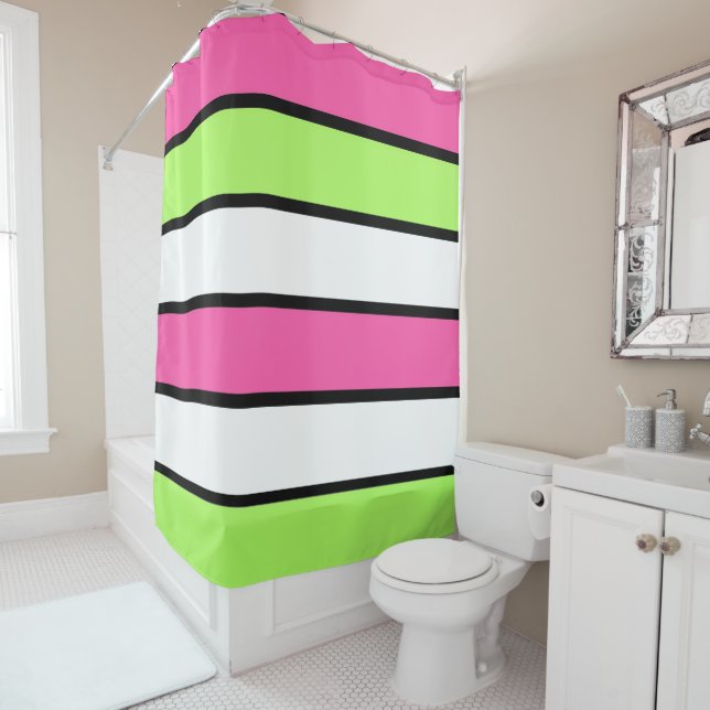 Hot Pink, Lime Green, Black and White Stripes Shower Curtain (In Situ)