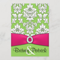 Hot Pink & Lime Green Damask Wedding Invitations