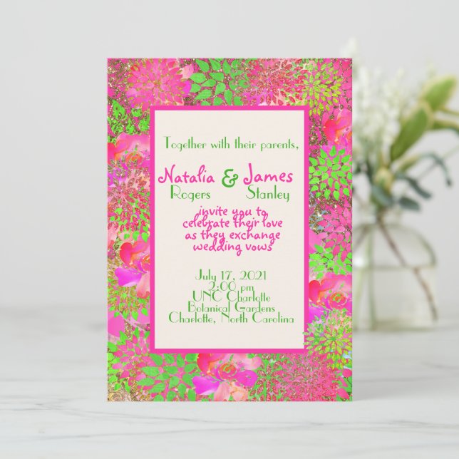 Hot Pink Lime Green Floral Dahlia Invitation (Standing Front)