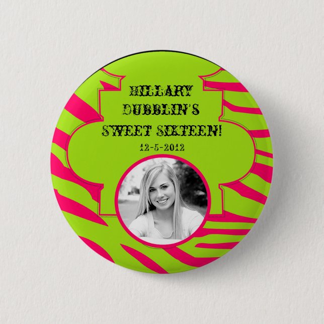 Hot Pink Lime Zebra Print Animal Photo Button (Front)