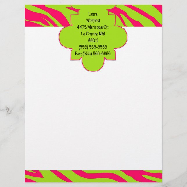 Hot Pink Lime Zebra Print Letterhead Stationery (Front)