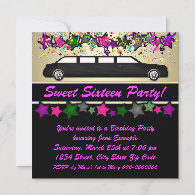 Hot Pink Limousine Sweet Sixteen Party Invitations (Front)