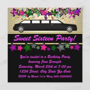 Hot Pink Limousine Sweet Sixteen Party Invitations