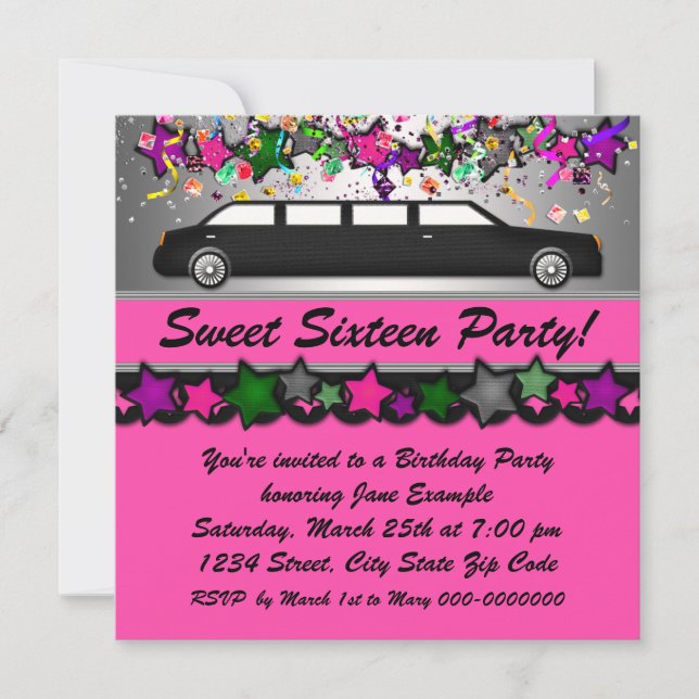 Hot Pink Limousine Sweet Sixteen Party Invitations (Front)
