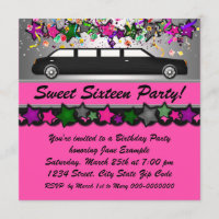 Hot Pink Limousine Sweet Sixteen Party Invitations