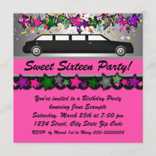 Hot Pink Limousine Sweet Sixteen Party Invitations