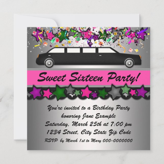 Hot Pink Limousine Sweet Sixteen Party Invitations (Front)